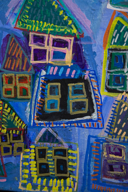 Dark Blue Neighborhood (Happy Houses Series) (Framed)