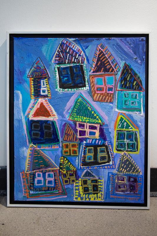 Dark Blue Neighborhood (Happy Houses Series) (Framed)