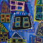 Dark Blue Neighborhood (Happy Houses Series) (Framed)