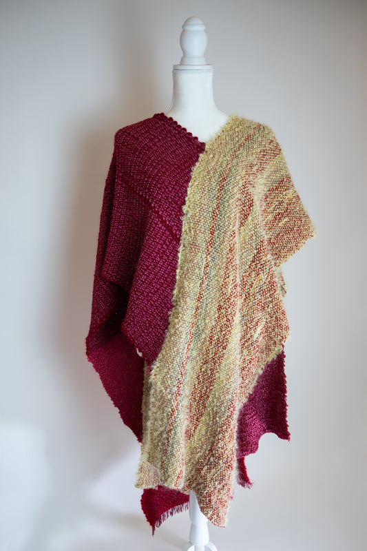 Handwoven Red and Beige Poncho, DN
